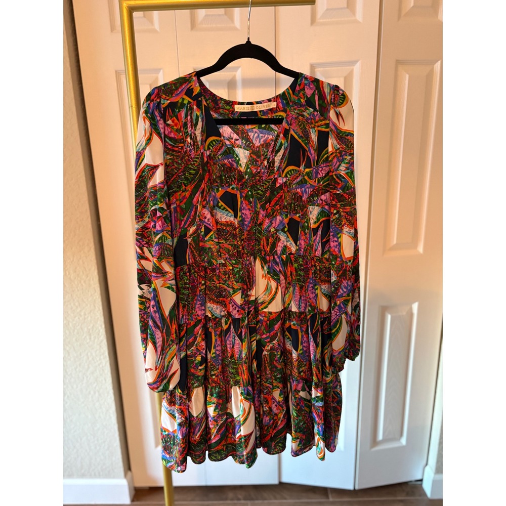 Marie Oliver Silk Mini Dress Small Multi Color Abstract Tiered Luxury Size S